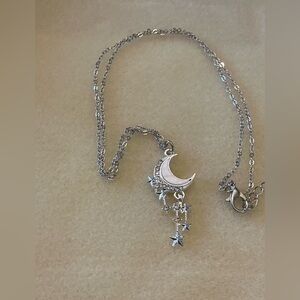 Silvery Crescent Moon and Star Necklace, 22”